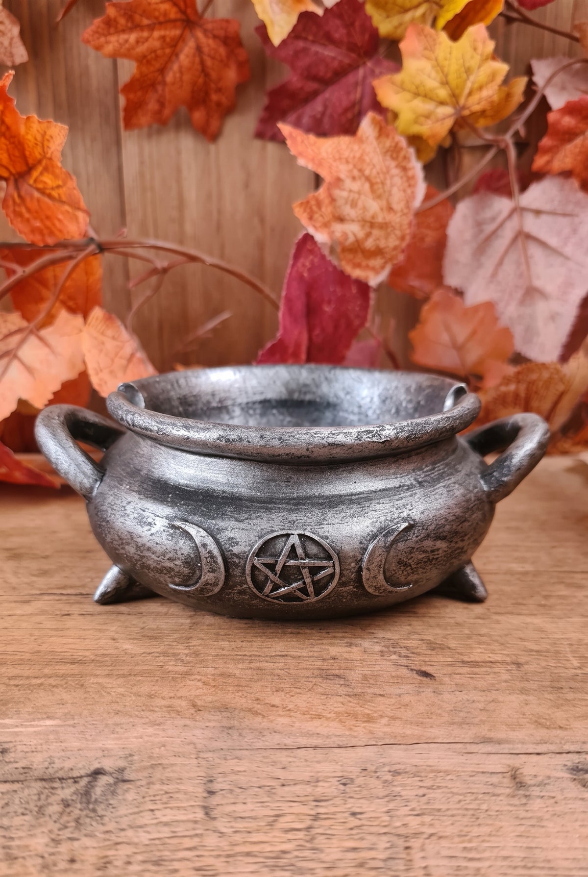 Räucherstäbchenhalter & Ascher Hexenkessel mit Triple Moon Symbol handbemalt