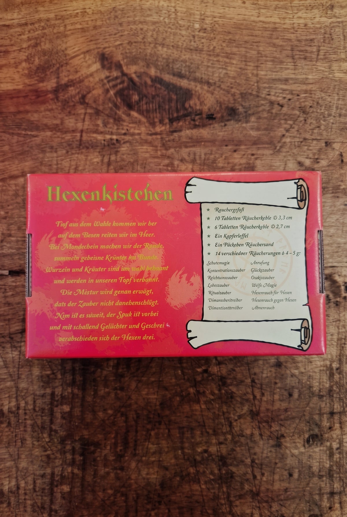Räucherstarterset Hexenkistchen Rückseite mit Beschreibung