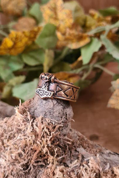 Bronze Rune Ring with Thor's Hammer
