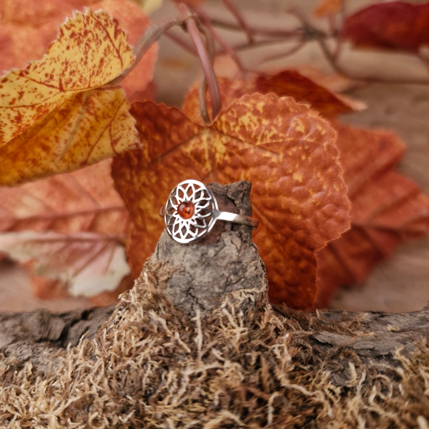 Sterling Silver Flower of Life Ring with Amber