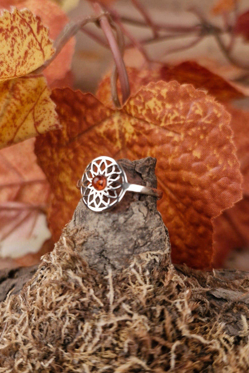 Sterling Silver Flower of Life Ring with Amber