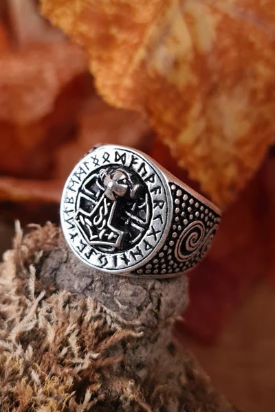 Silver Ring Thor's Hammer with Runes