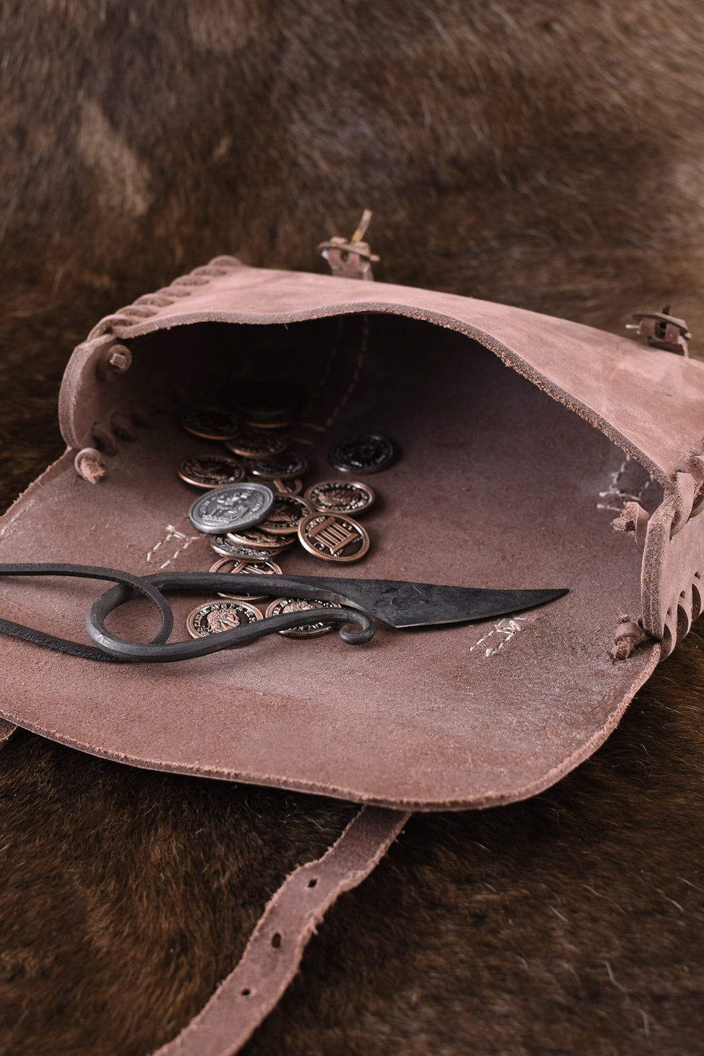 Late Medieval Leather Pouch with Brass Buckles for Reenactment