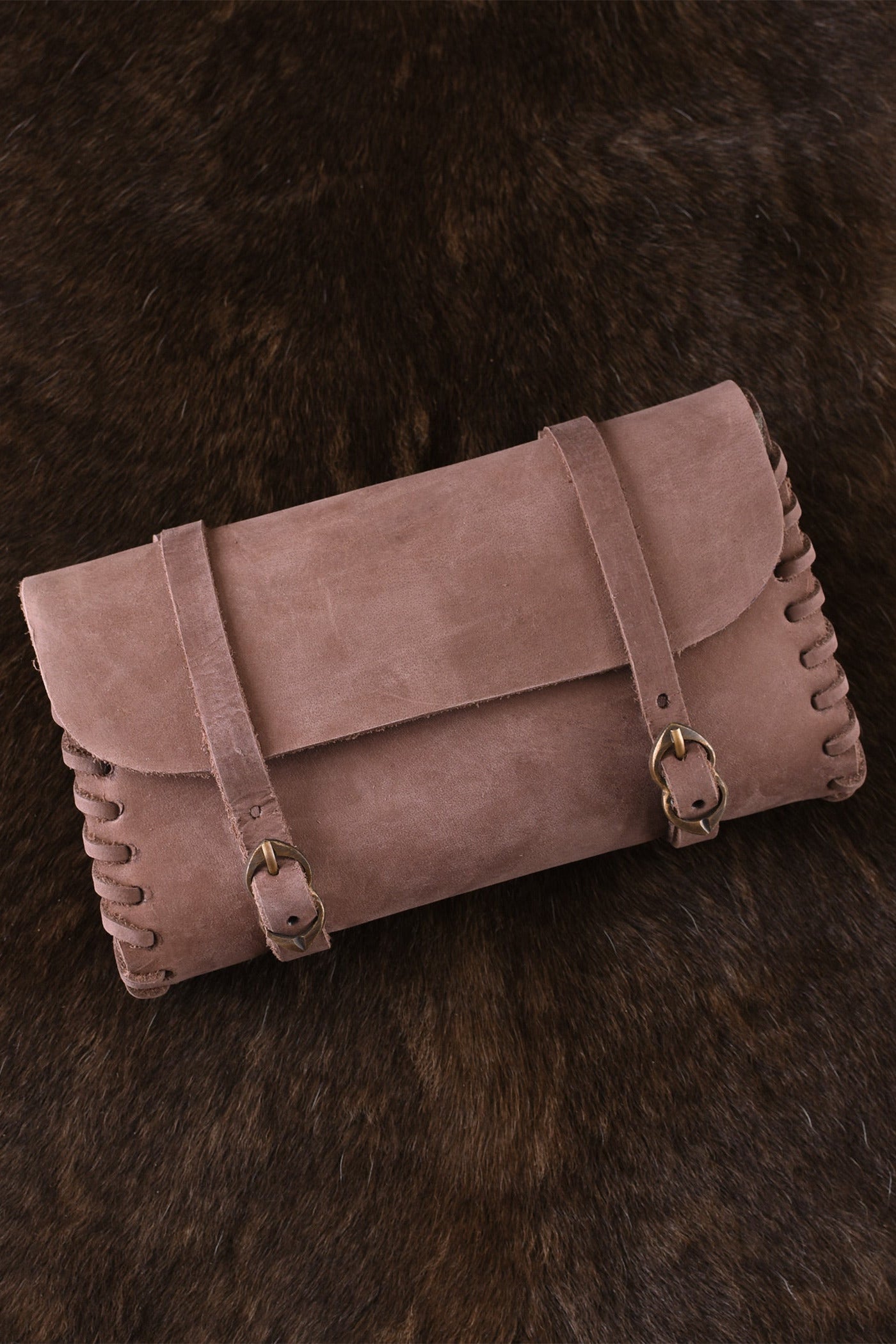 Late Medieval Leather Pouch with Brass Buckles for Reenactment