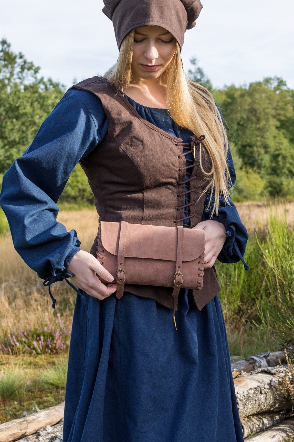 Late Medieval Leather Pouch with Brass Buckles for Reenactment