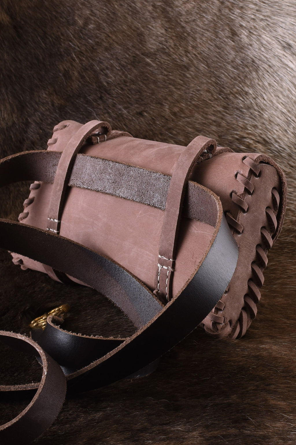 Late Medieval Leather Pouch with Brass Buckles for Reenactment