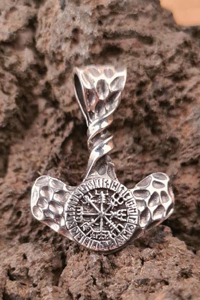 Thor's Hammer Vegvisir with Runes in Silver
