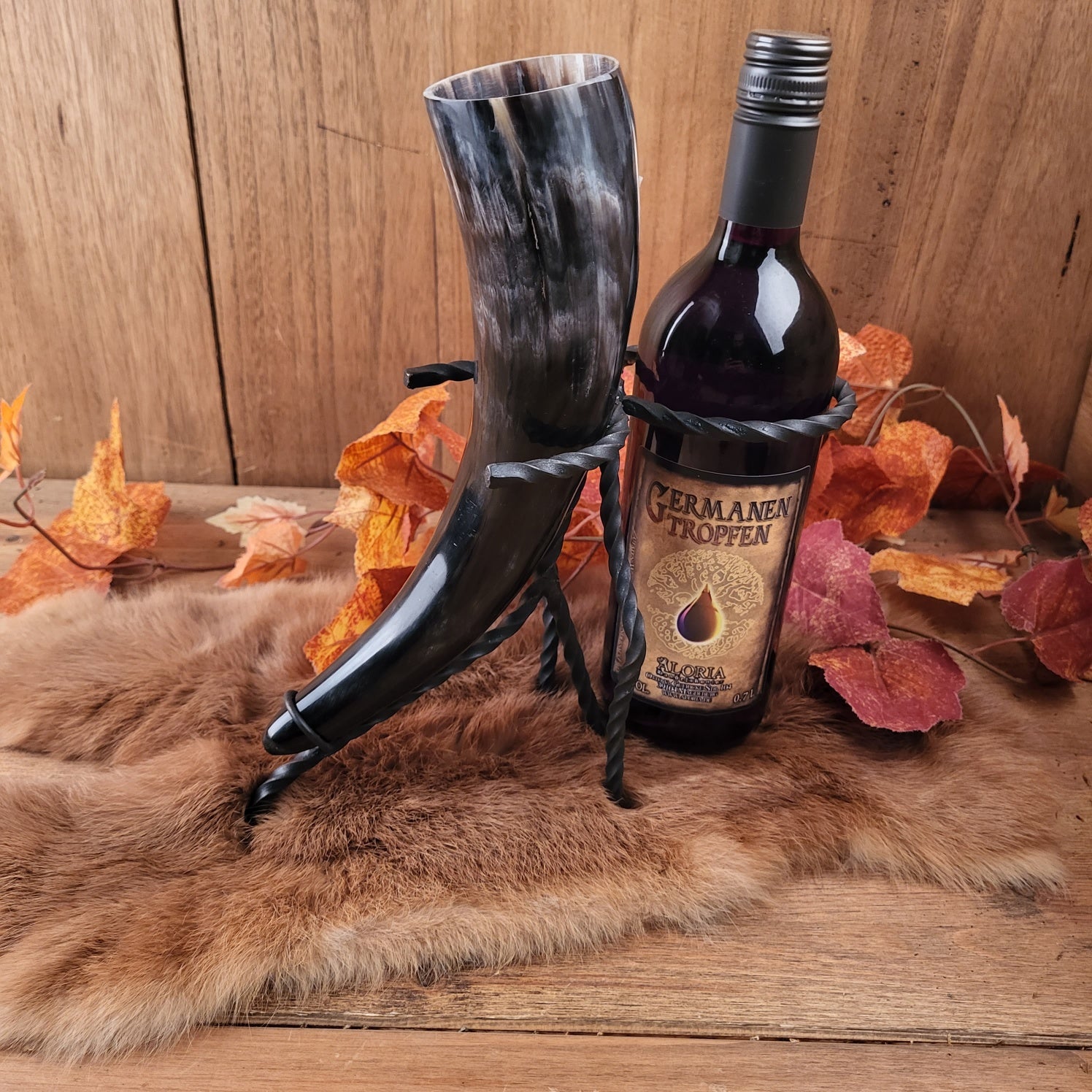 Steel drinking horn stand with bottle holder - forged