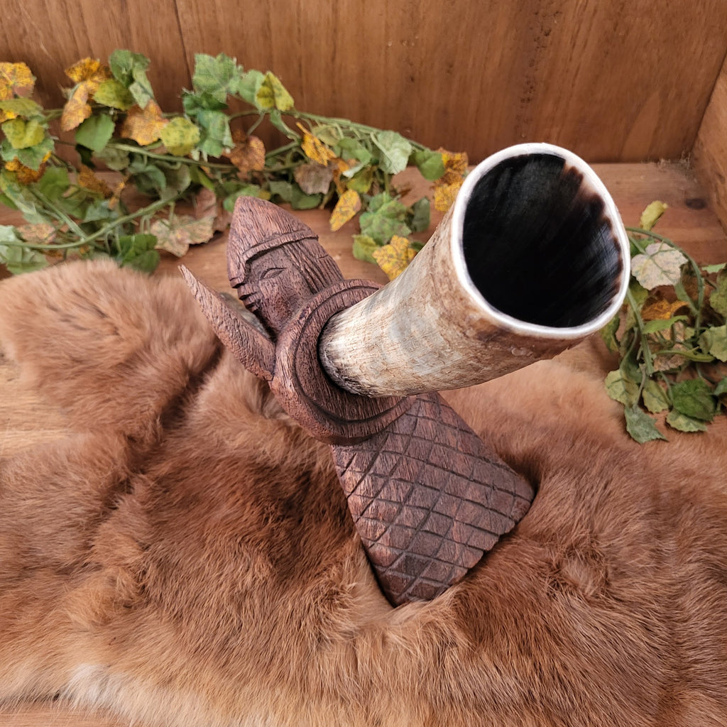 Wooden Drinking Horn Stand Viking Warrior
