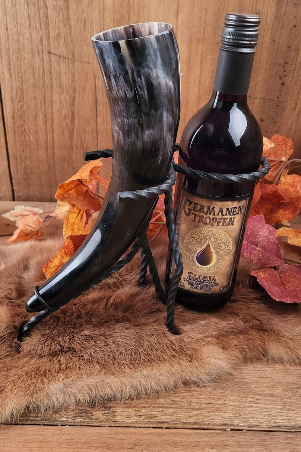 Steel drinking horn stand with bottle holder - forged