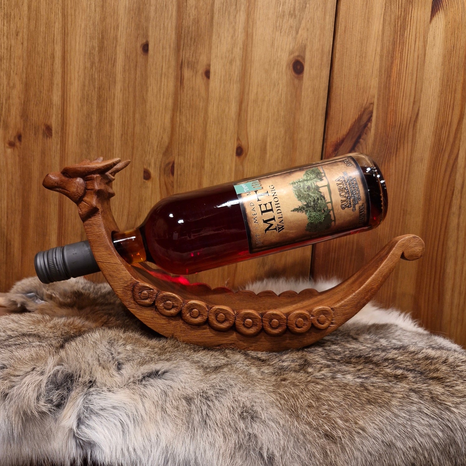 Wikinger Flaschenhalter Drachenboot aus Holz - handgefertigt