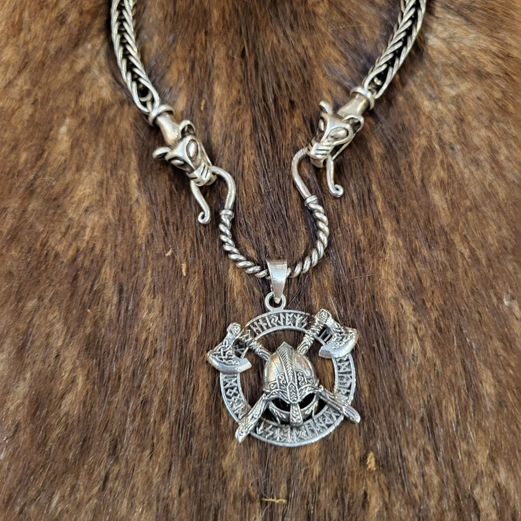 Wikinger Halskette mit Wolfskopf aus Silber - handgefertigt 65 cm