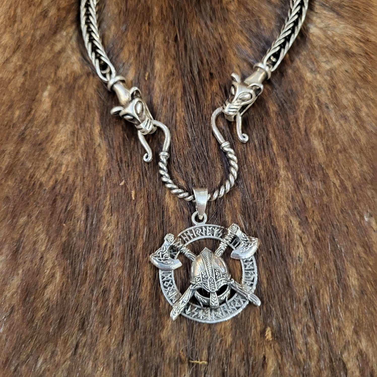 Wikinger Halskette mit Wolfskopf aus Silber - handgefertigt 65 cm