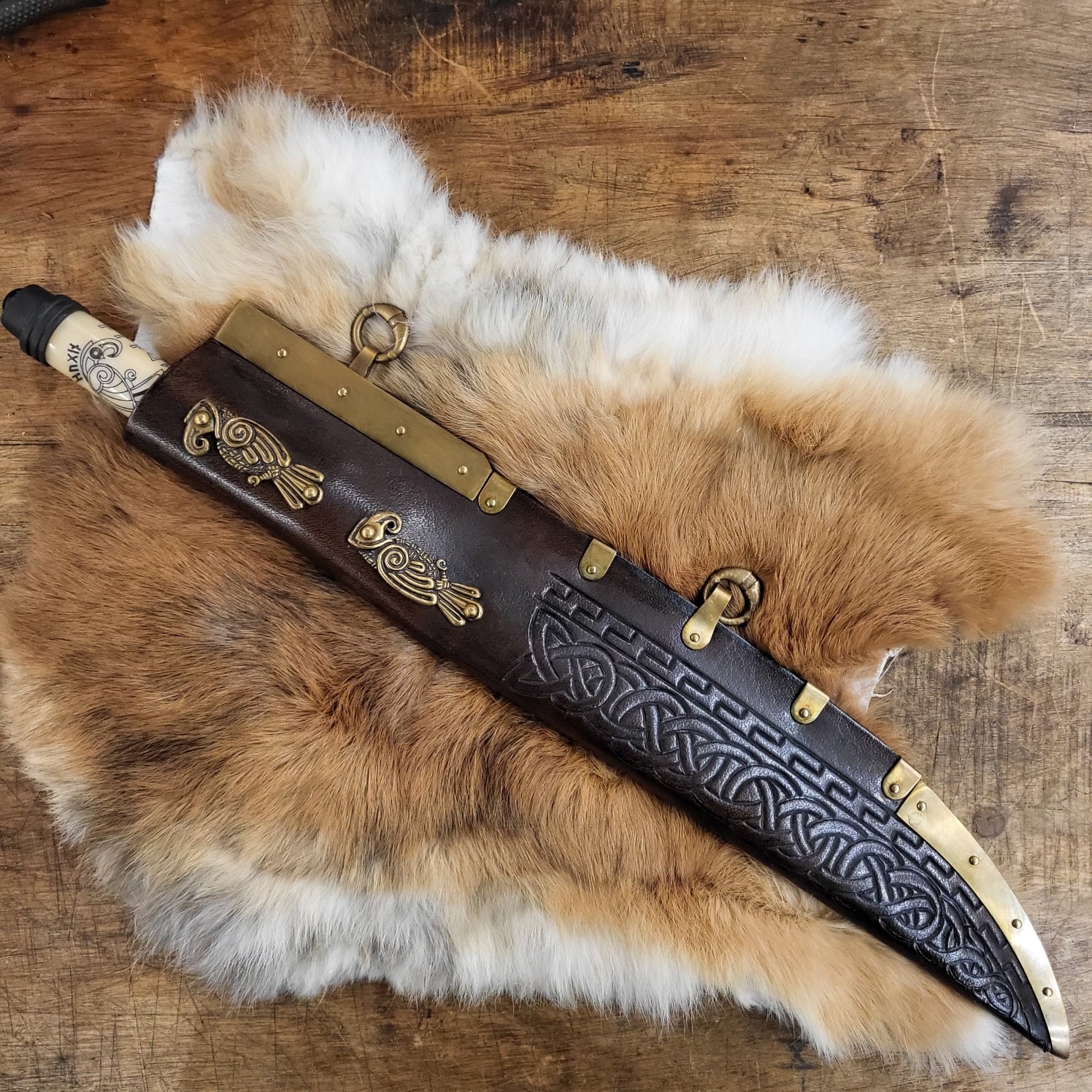 Viking Langseax Hugin and Munin with Bone Handle and Leather Sheath
