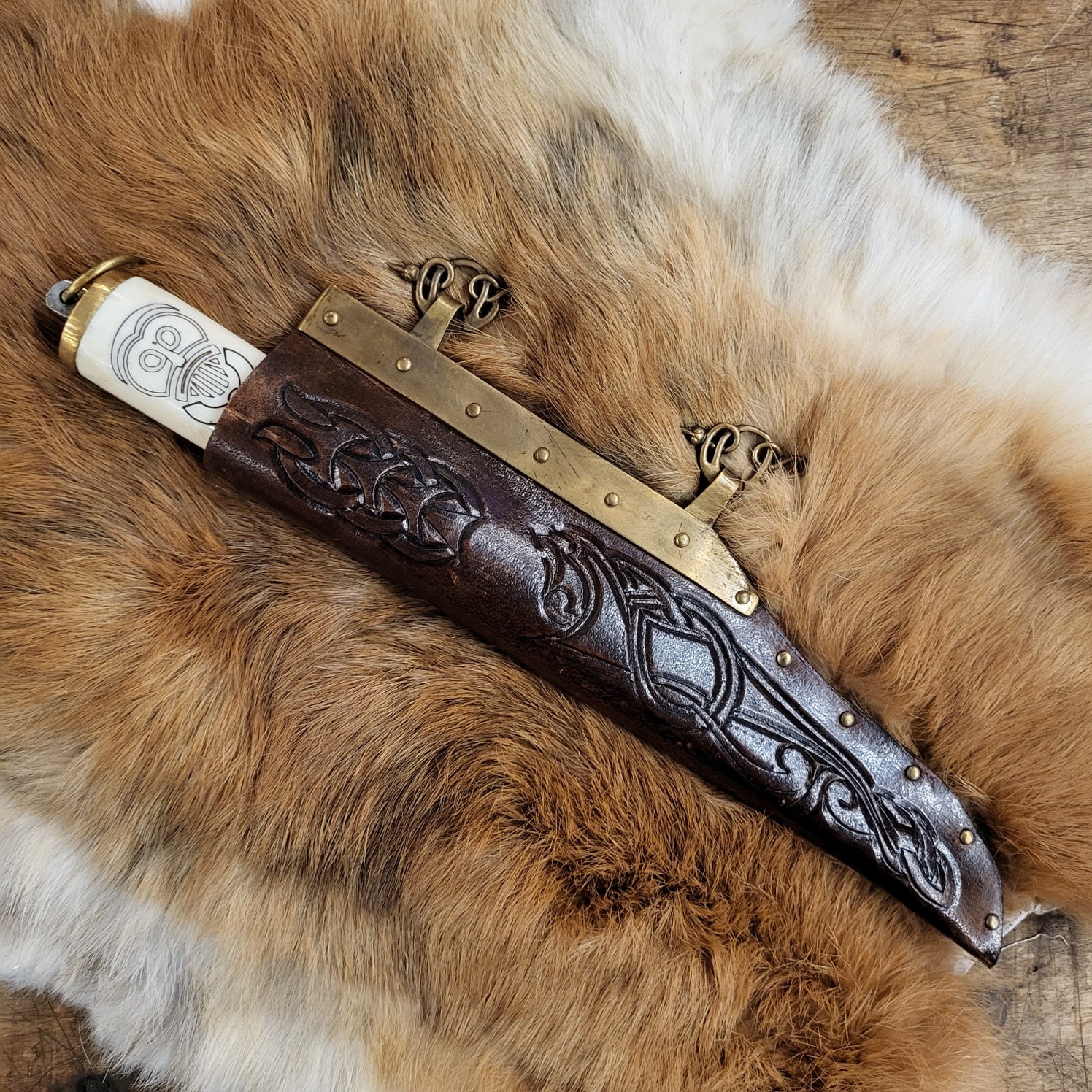 Viking Seax Knife with Ornate Bone Handle and Leather Sheath