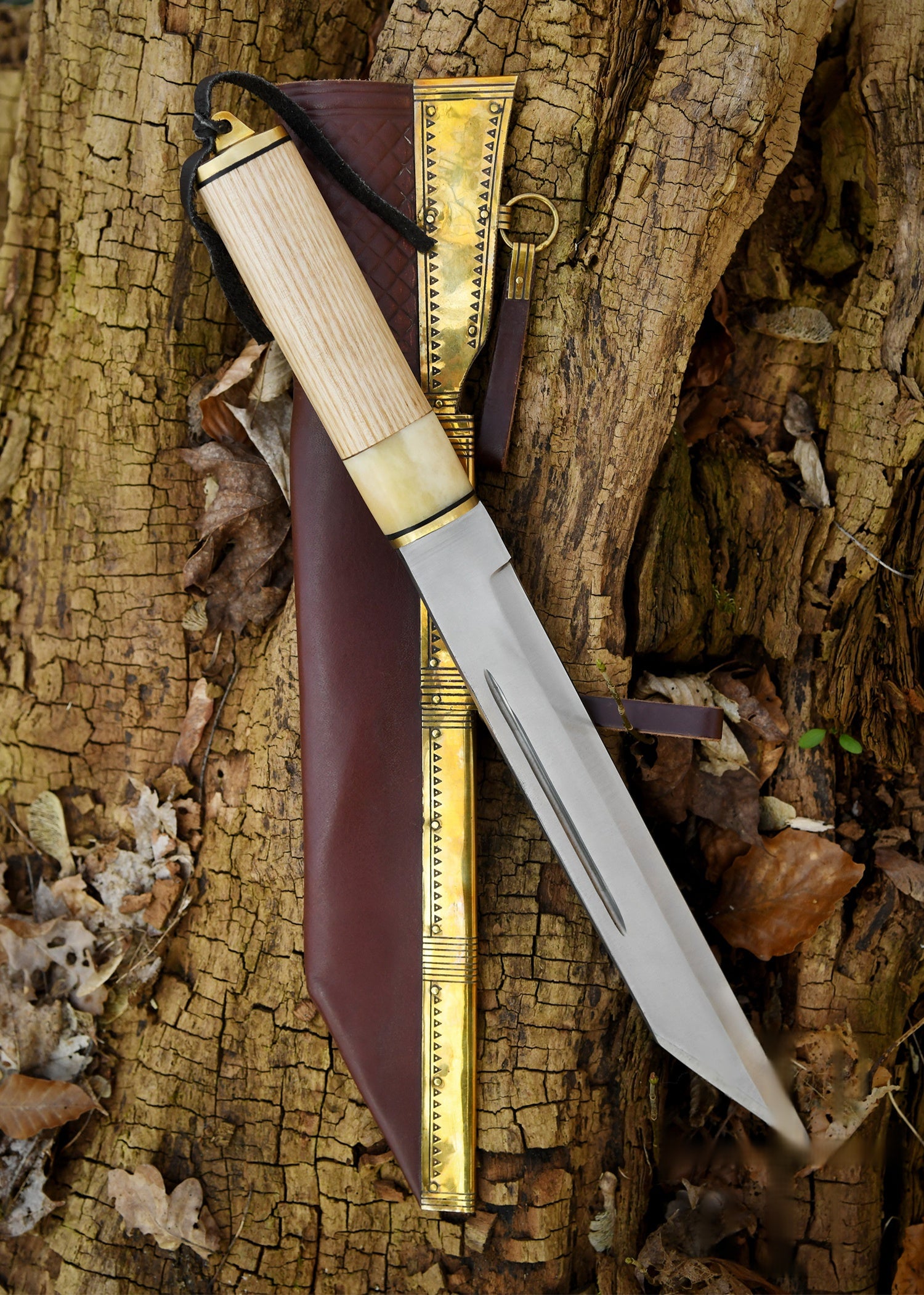 Viking Scramasax with Bone & Wood Handle and Leather Scabbard