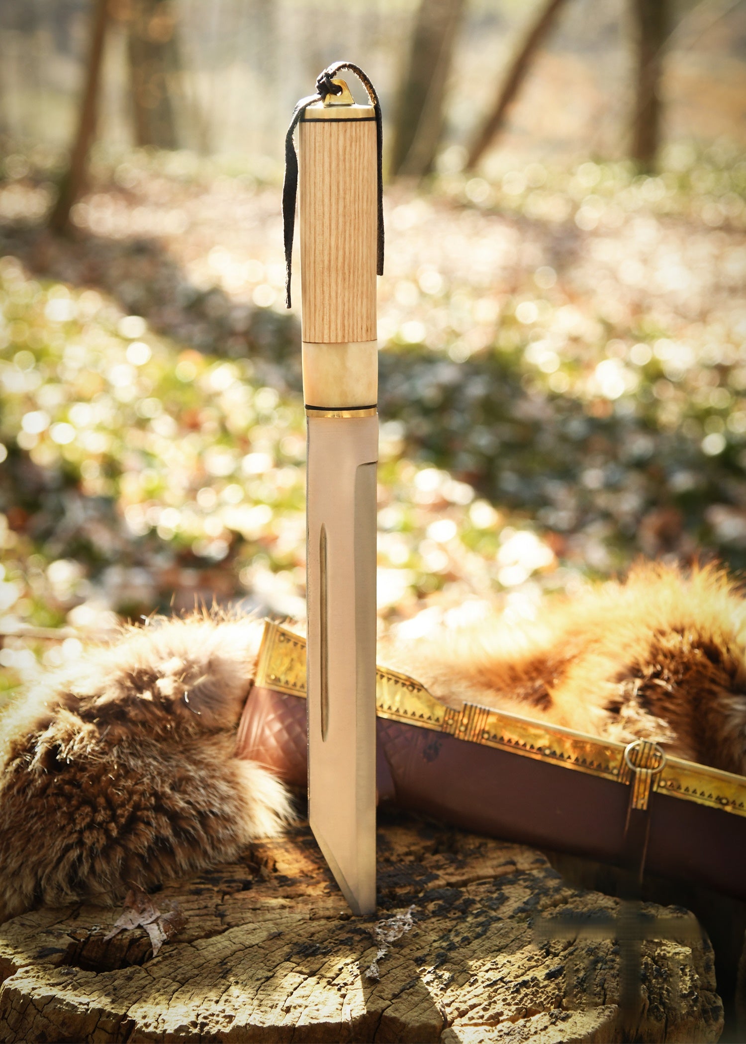 Viking Scramasax with Bone & Wood Handle and Leather Scabbard