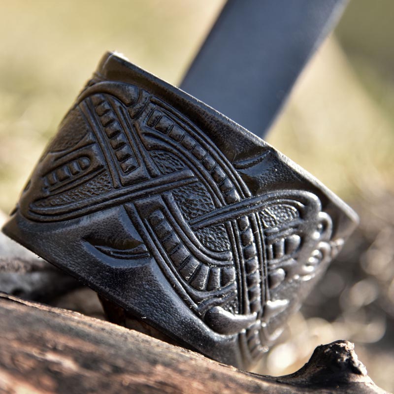 Viking drinking horn holder with Jelling-style embossing made of buffalo leather