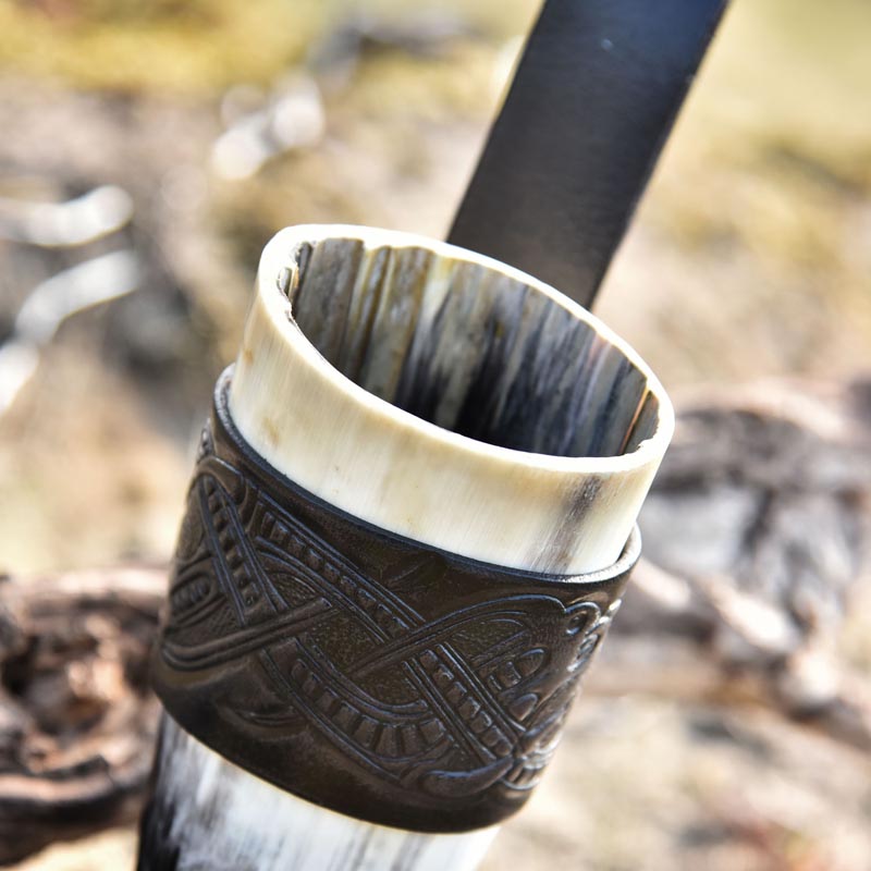 Viking drinking horn holder with Jelling-style embossing made of buffalo leather