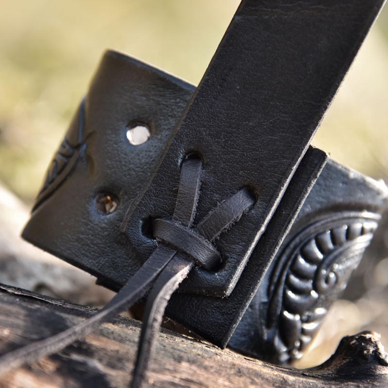 Viking drinking horn holder with Jelling-style embossing made of buffalo leather