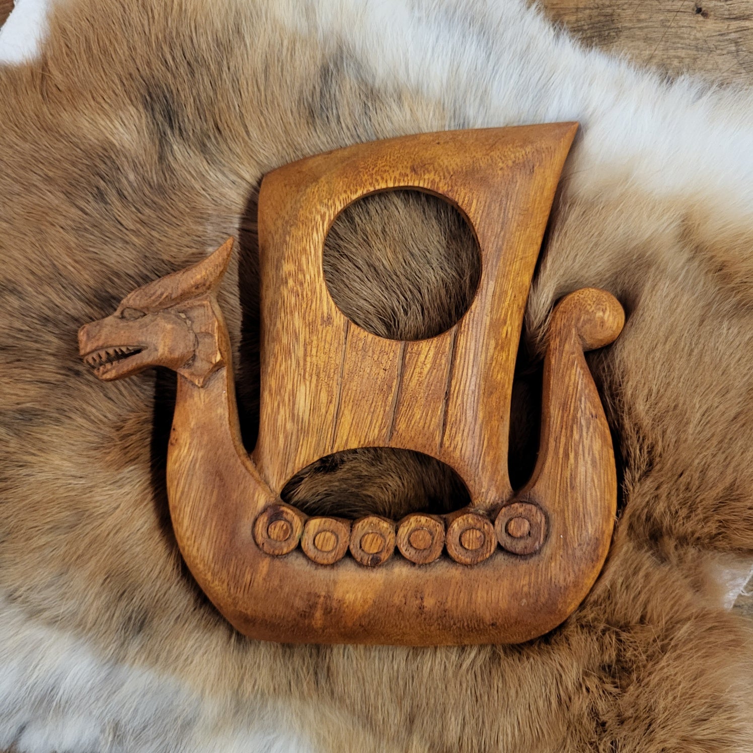 Viking Drinking Horn Stand Dragon Boat made of Wood