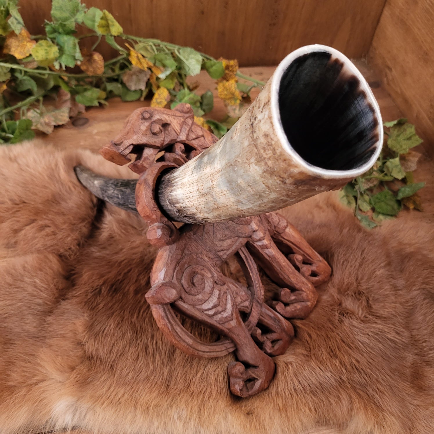 Viking Drinking Horn Stand Fenris Wolf made of Wood