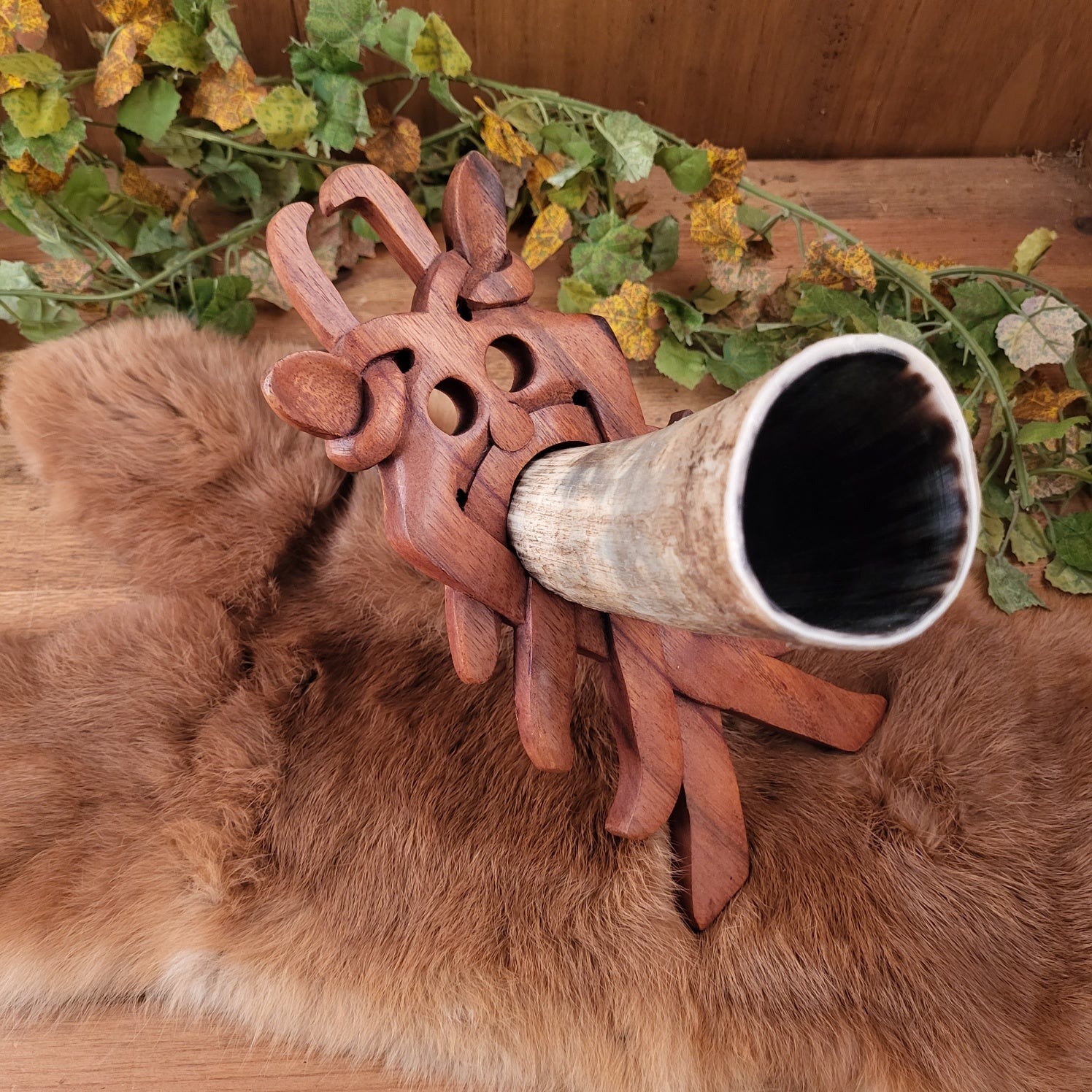 Viking Drinking Horn Stand Mösgard Wooden Mask
