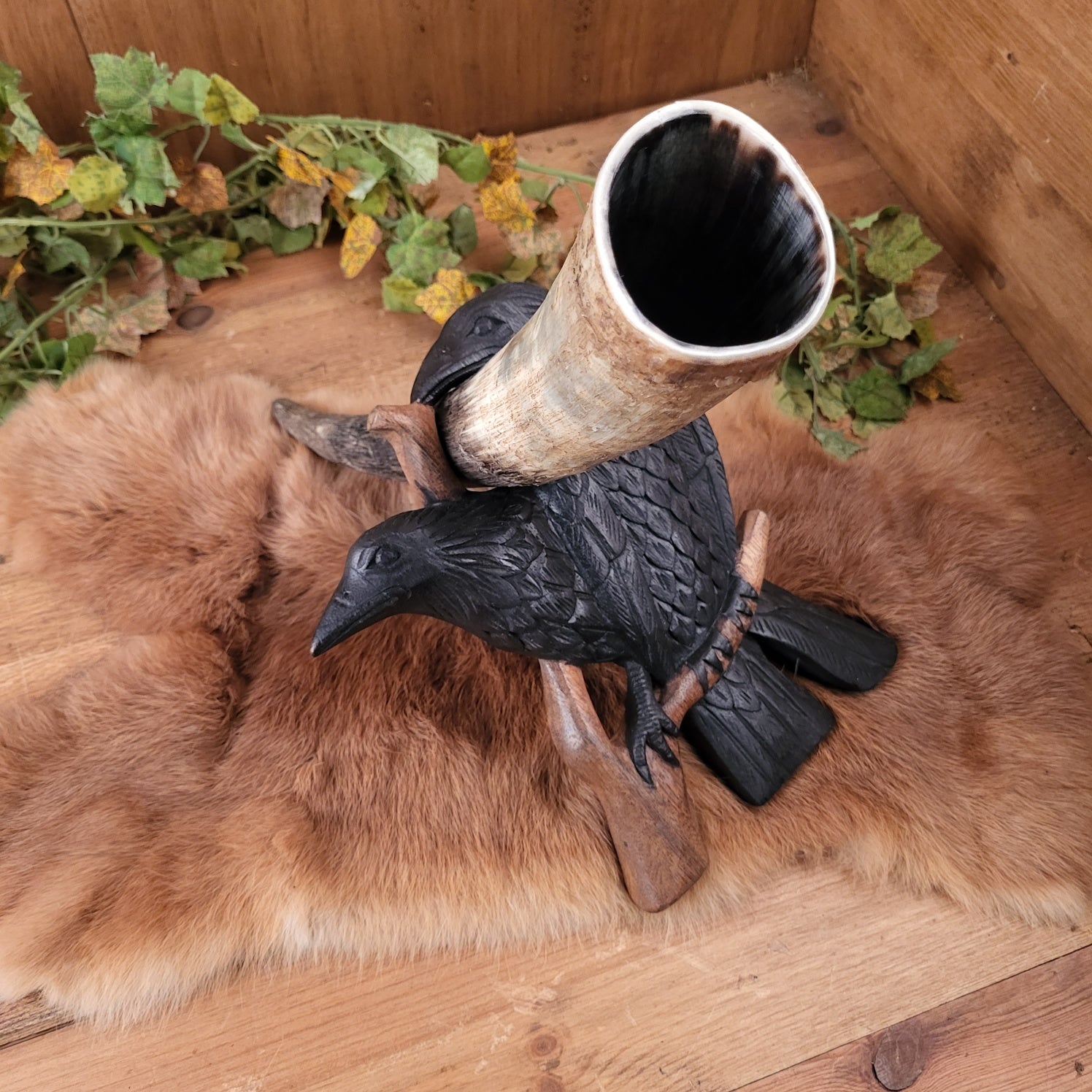 Viking Drinking Horn Stand Hugin & Munin made of Wood