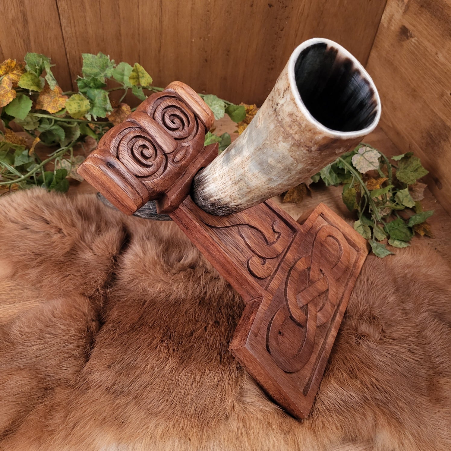 Viking Drinking Horn Stand Thor's Hammer Made of Wood