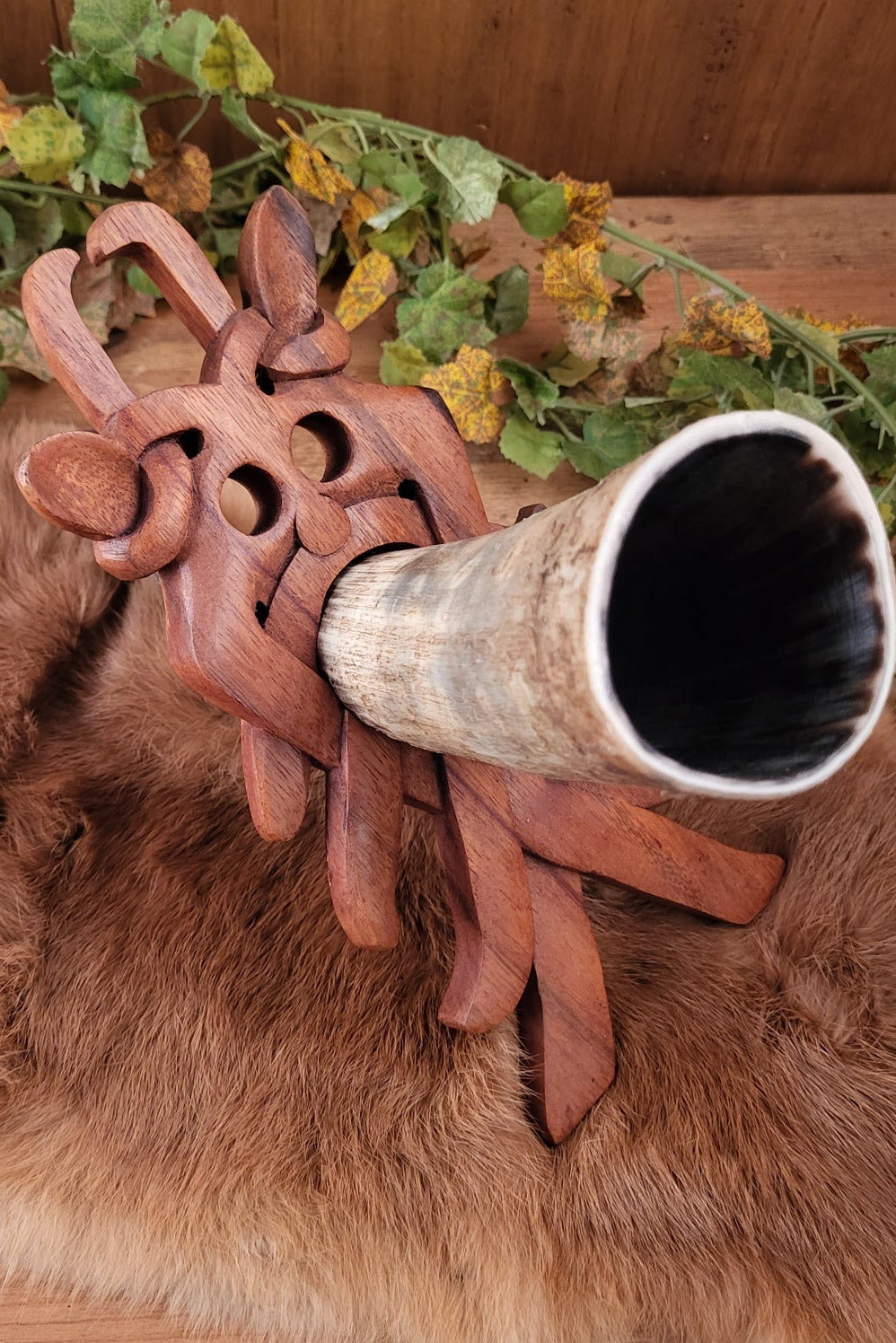 Viking Drinking Horn Stand Mösgard Wooden Mask