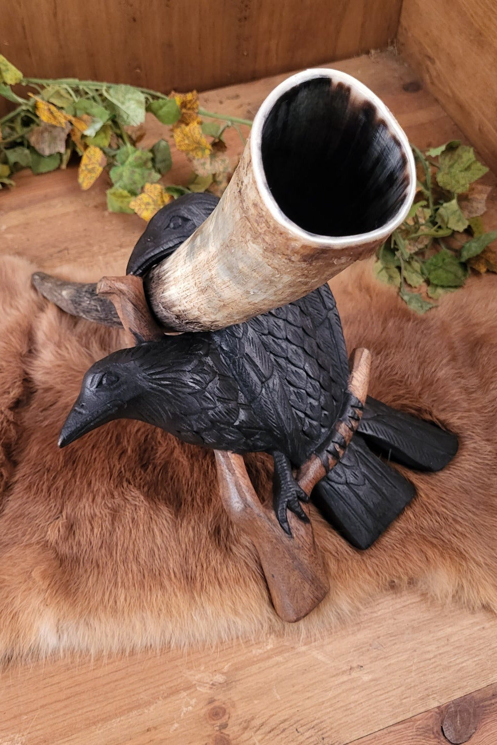 Viking Drinking Horn Stand Hugin & Munin made of Wood