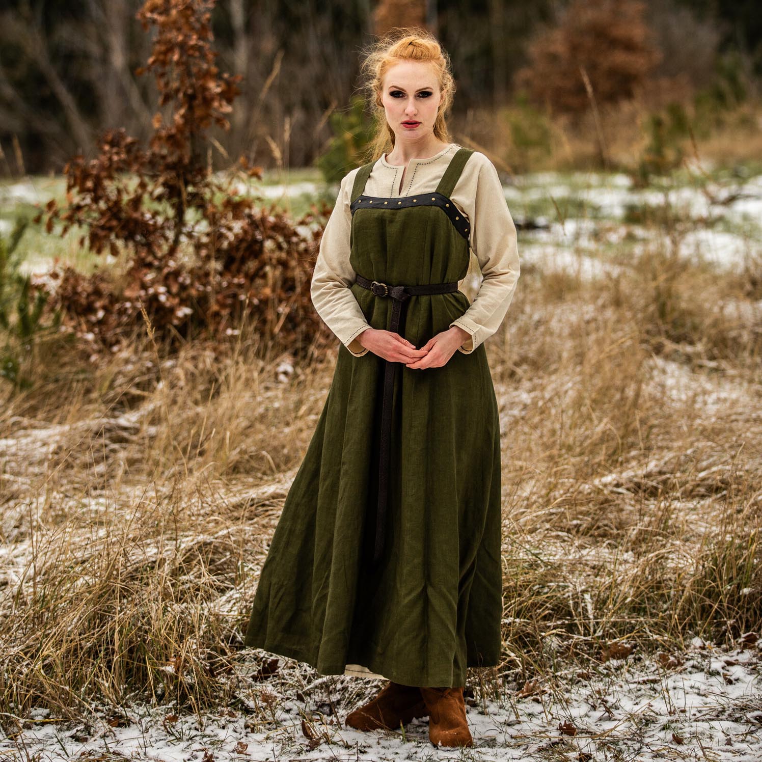 Wikinger Überkleid aus Leinen mit Lederapplikation und Schnürung