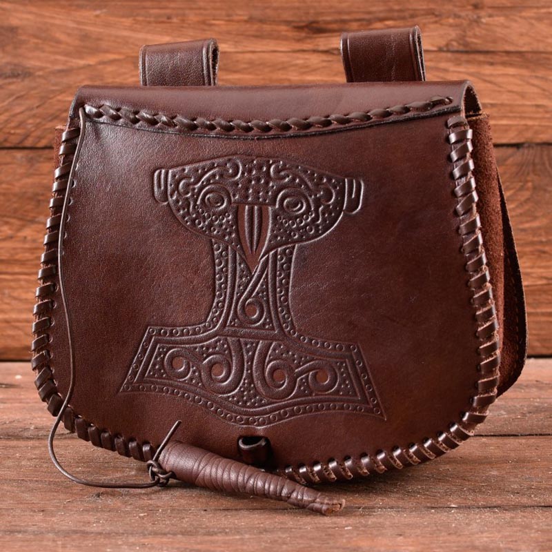 Wikinger Gürteltasche mit Thorshammer Prägung aus Leder