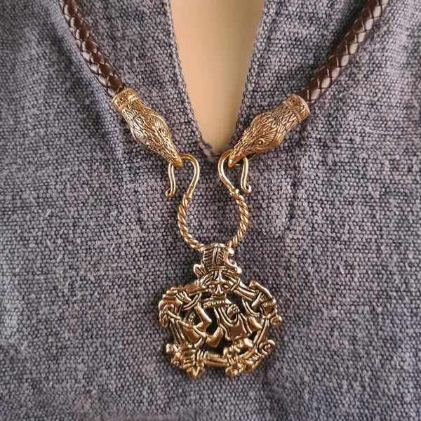 Wikinger Lederkette Rabenköpfe Hugin & Munin aus Bronze - 65 cm