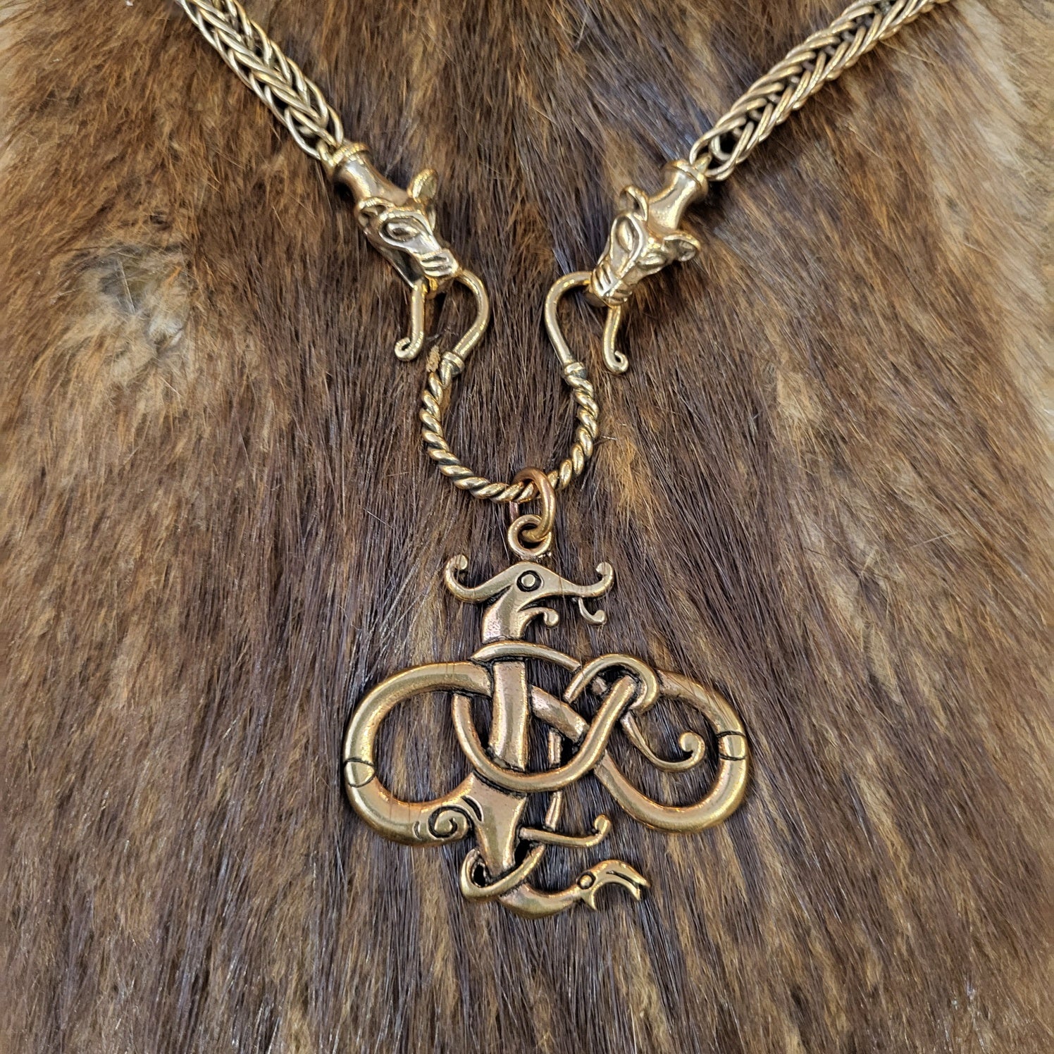 Viking Necklace with Wolf Head in Bronze - handcrafted 65 cm