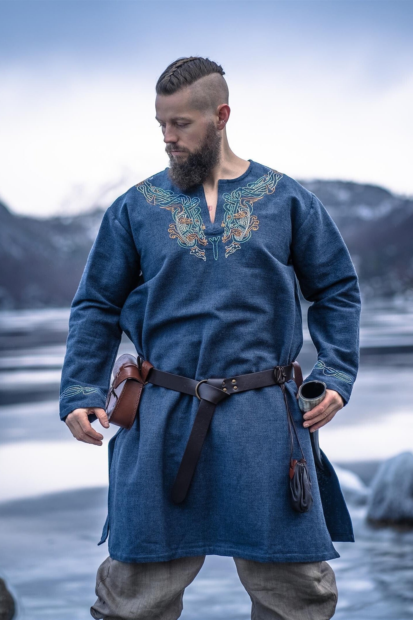 Viking Tunic Black with Urnes Style Hand Embroidery