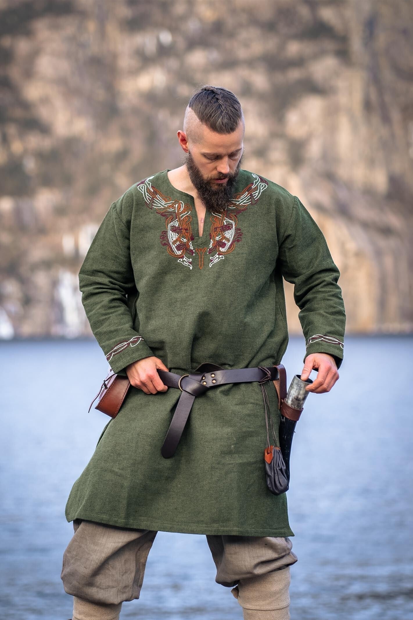 Viking Tunic Black with Urnes Style Hand Embroidery
