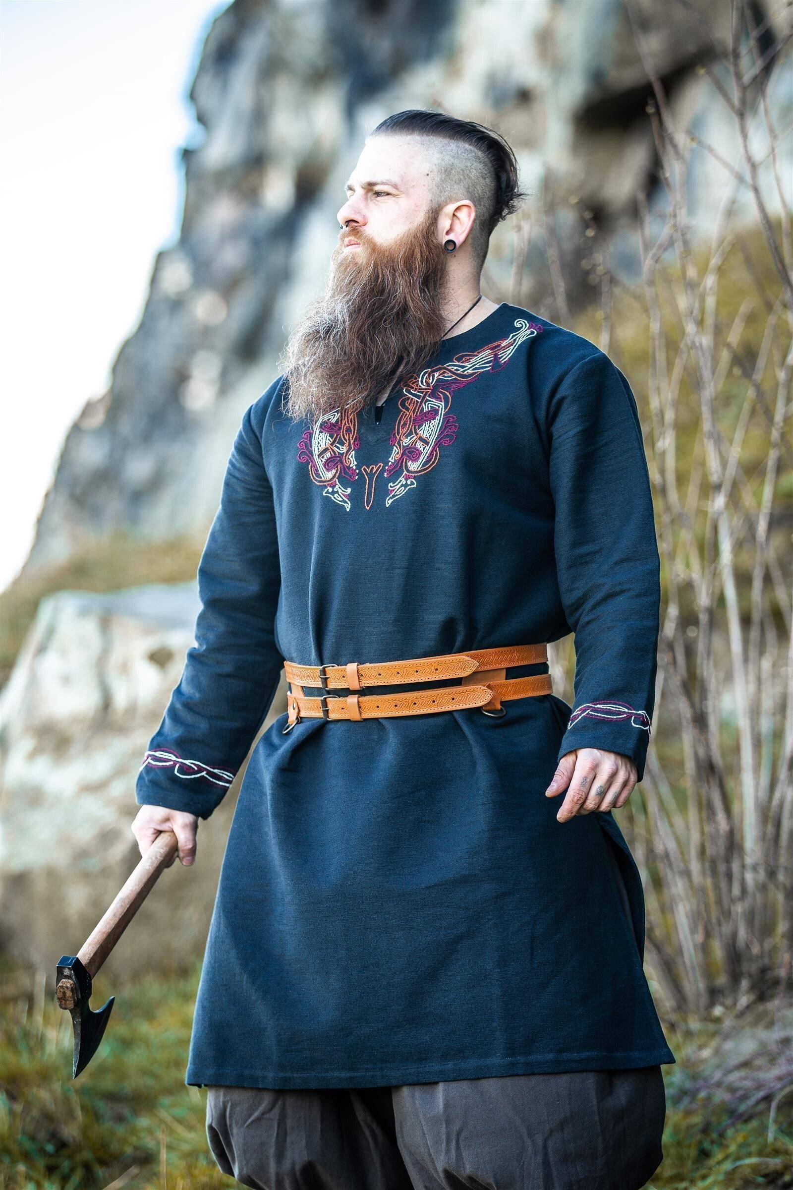 Viking Tunic Black with Urnes Style Hand Embroidery