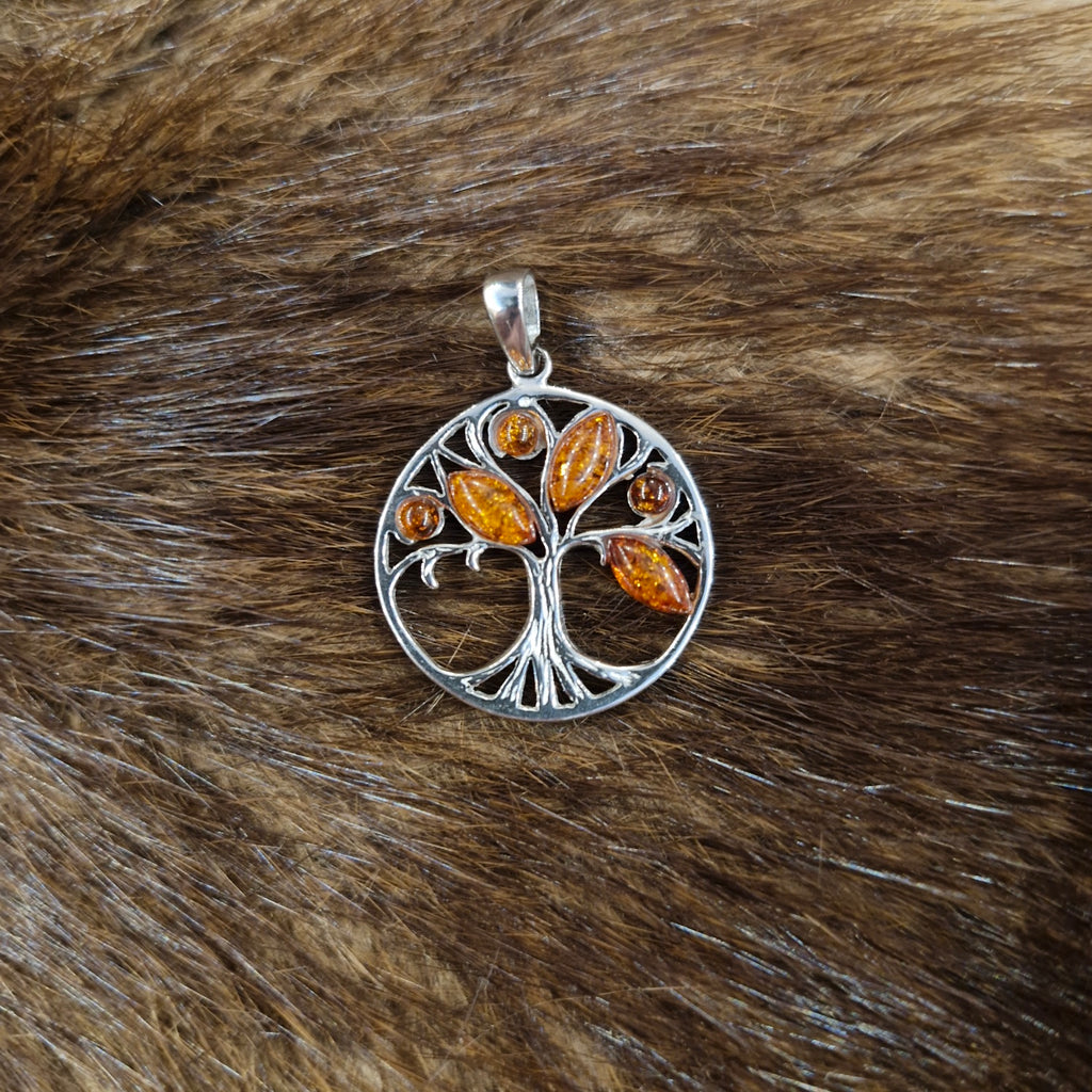 Amulett Lebensbaum mit Ostsee Bernstein aus Silber