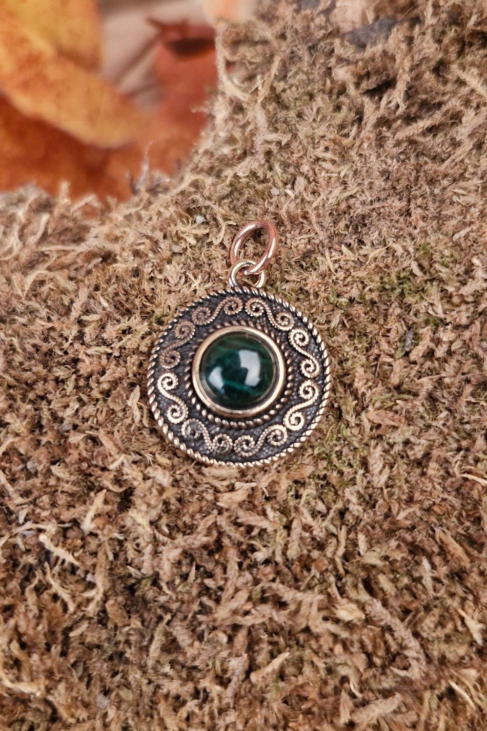LARP Amulet with Spirals and Semi-Precious Stone made of Bronze