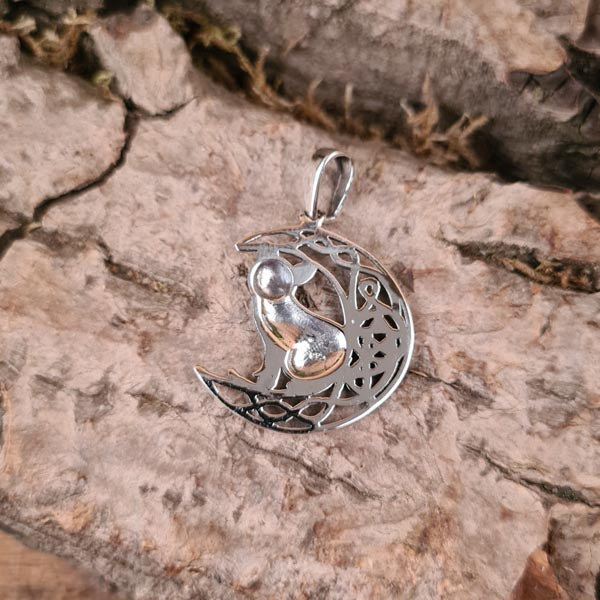 Amulett Mond mit Katze und Pentagramm aus Silber