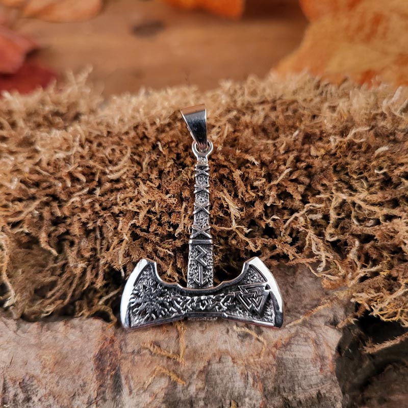 Asatru Amulett Doppelaxt mit Valknut & Vegvisir aus Silber