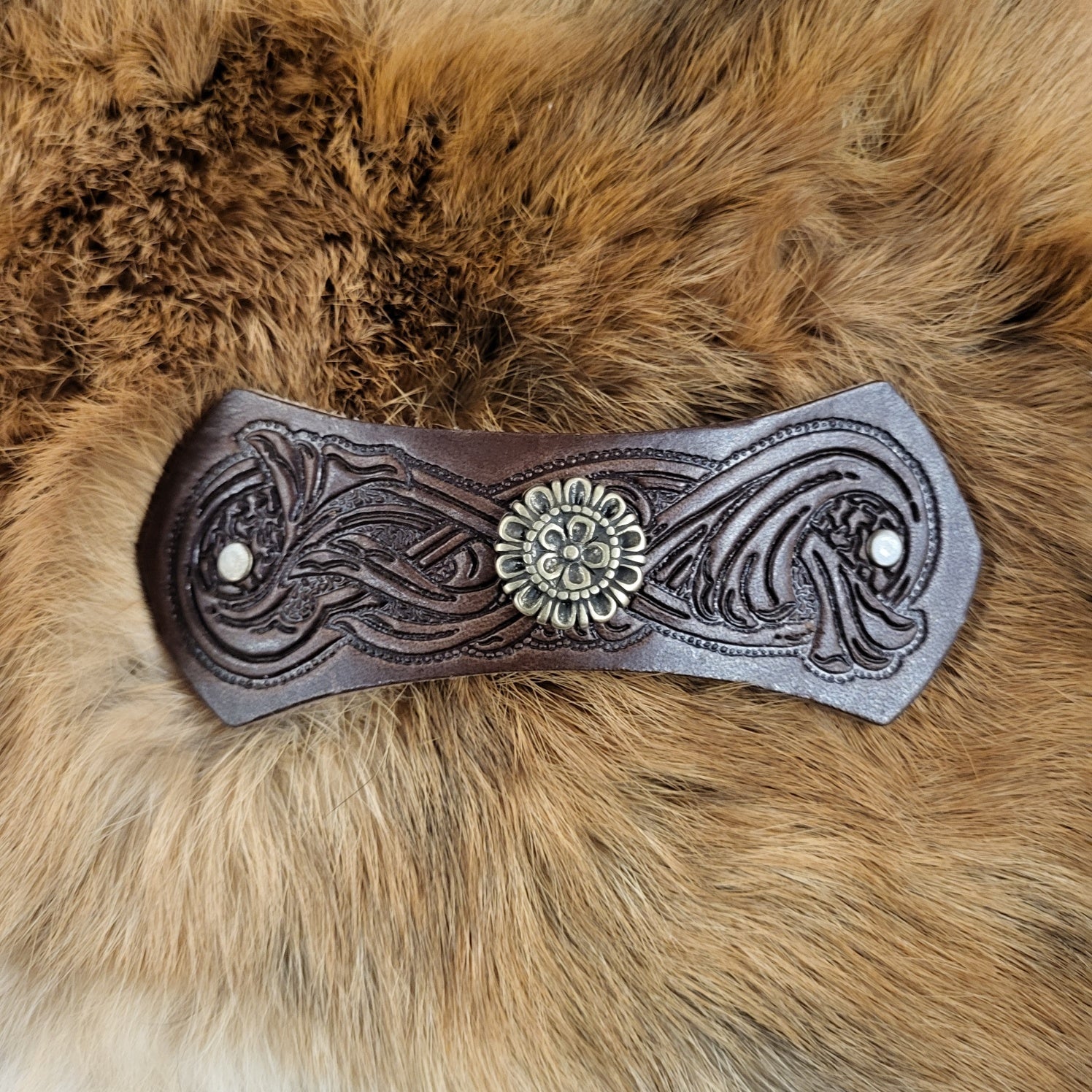 Medieval Leather Hair Clip with Decorative Rivet