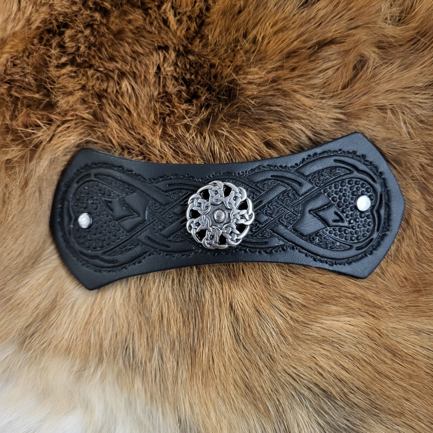 Medieval Leather Hair Clip with Decorative Rivet