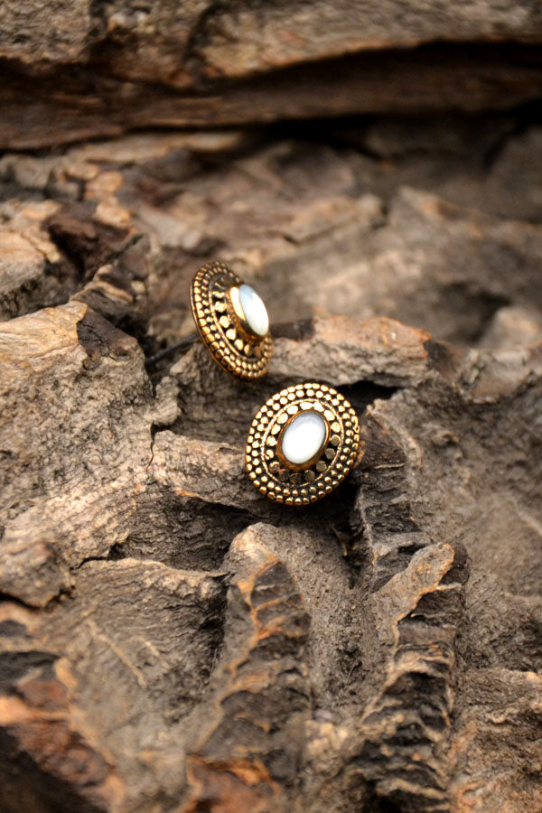 Early Medieval Bronze Stud Earrings with Mother-of-Pearl
