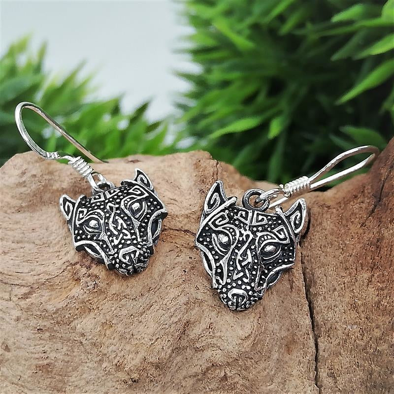 Celtic Wolf Head Silver Earrings