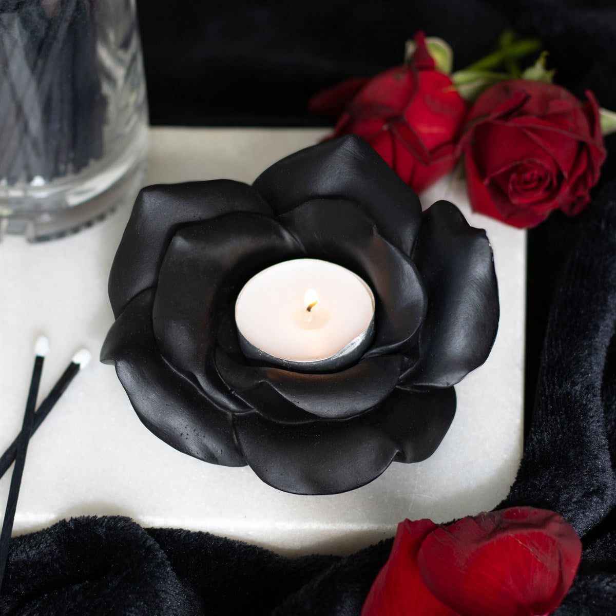 Teelichthalter Schwarze Rose