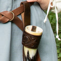 Viking drinking horn holder with Jelling-style embossing made of buffalo leather