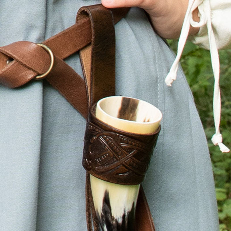 Viking drinking horn holder with Jelling-style embossing made of buffalo leather