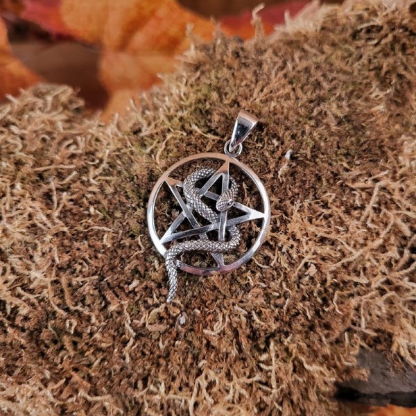 Wicca Amulett Schlange im Pentagramm aus 925er Stirling Silber